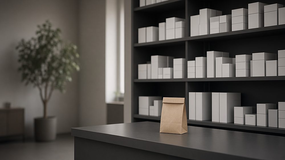 Pharmacy shelves of plain white boxes behind a counter with a paper bag