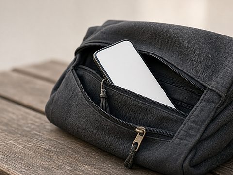 A phone tucked into the zipped inner pocket of a dark canvas bag on a bench