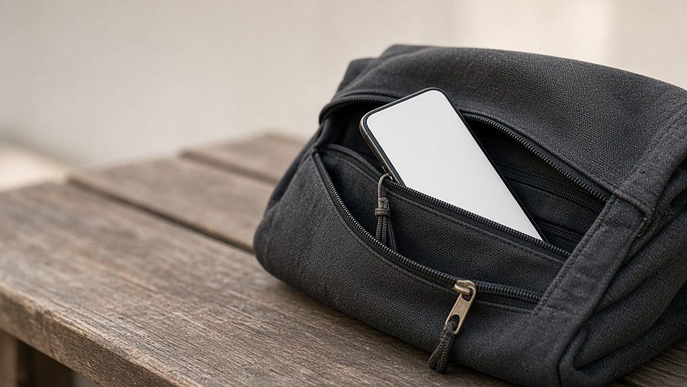 A phone tucked into the zipped inner pocket of a dark canvas bag on a bench