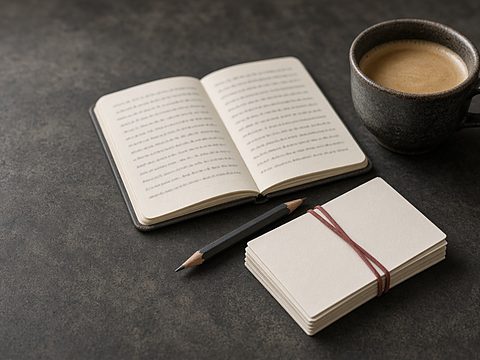 An open pocket notebook, a stack of blank flash cards, a pencil and a coffee cup