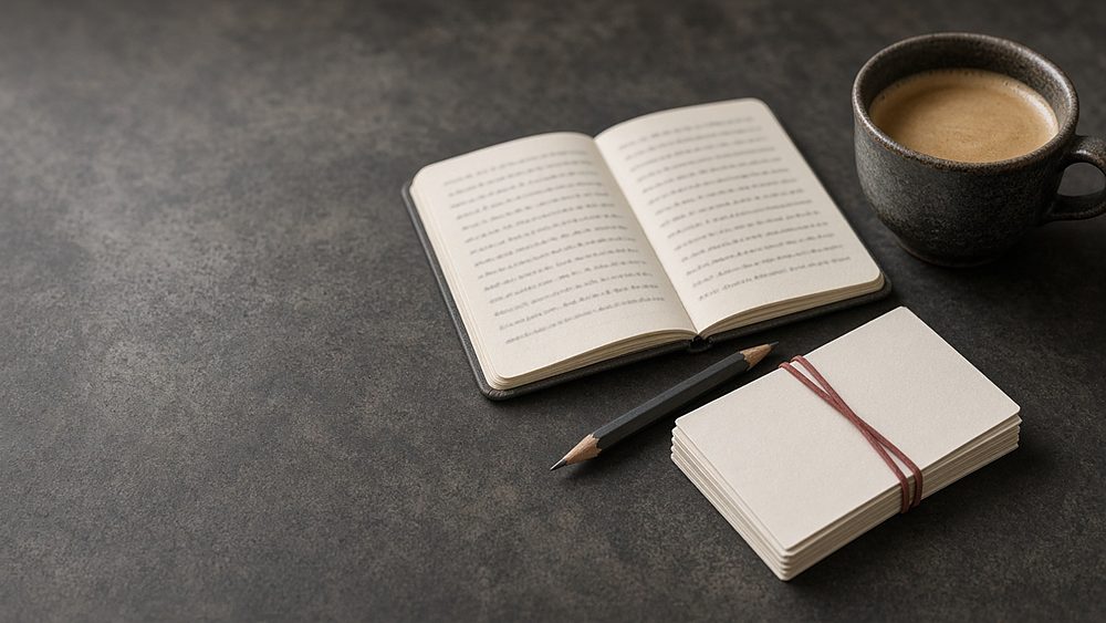 An open pocket notebook, a stack of blank flash cards, a pencil and a coffee cup