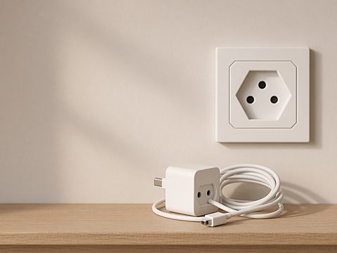 A three-pin wall socket in a hexagonal recess above a travel adapter and a coiled cable