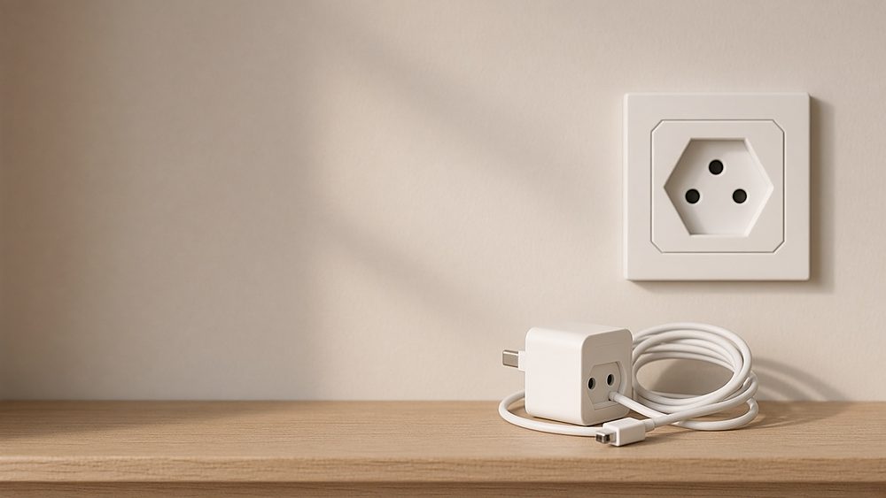 A three-pin wall socket in a hexagonal recess above a travel adapter and a coiled cable