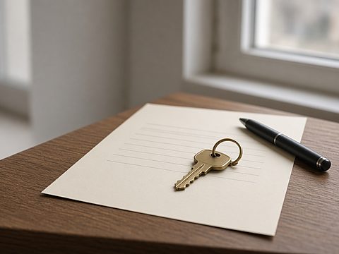 A brass key on a blank lease-style sheet with a pen on a windowsill table