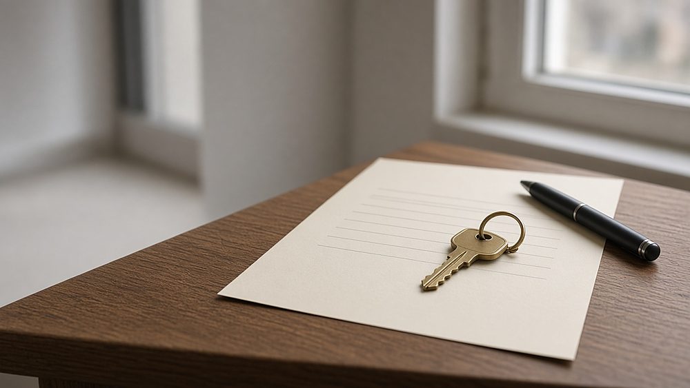 A brass key on a blank lease-style sheet with a pen on a windowsill table