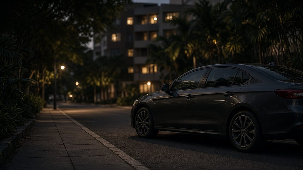 A dark sedan parked at a quiet, lit curb at dusk with apartment buildings behind