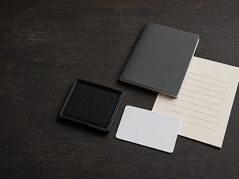 A blank passport, a blank white card, an ink pad and a lined form on a dark wooden counter