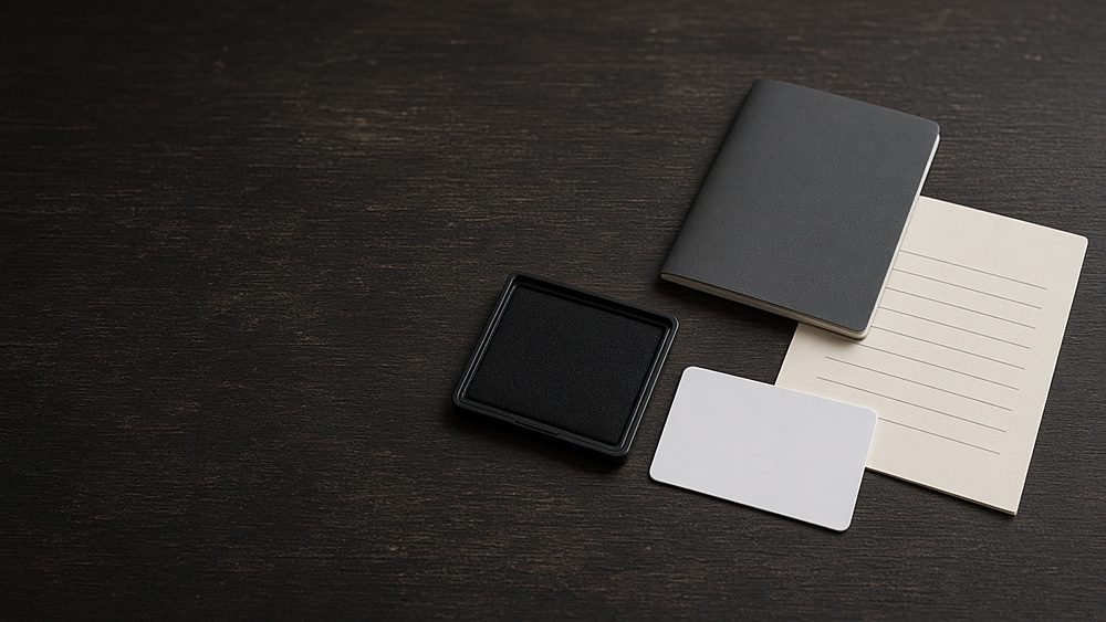 A blank passport, a blank white card, an ink pad and a lined form on a dark wooden counter