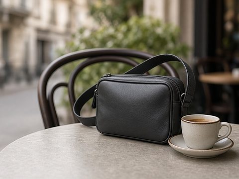 A zipped leather crossbody bag on a cafe table, its strap looped around the chair, beside an espresso