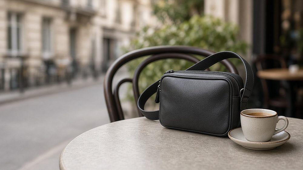 A zipped leather crossbody bag on a cafe table, its strap looped around the chair, beside an espresso