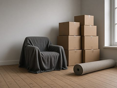 Sealed moving boxes, a covered armchair and a rolled rug in an empty room