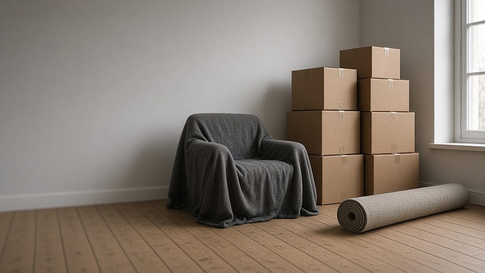 Sealed moving boxes, a covered armchair and a rolled rug in an empty room