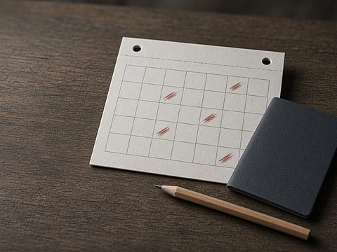 A blank paper calendar grid with a few days ticked in red pencil, a pencil and a passport