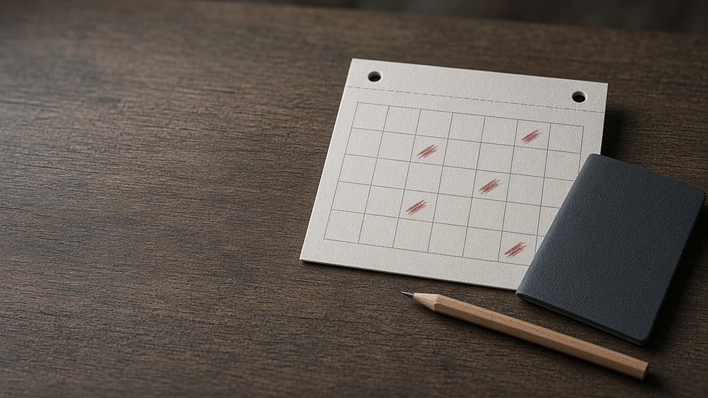 A blank paper calendar grid with a few days ticked in red pencil, a pencil and a passport