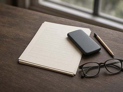 A stack of blank paper forms, a calculator lying face down, a pencil and reading glasses by a window