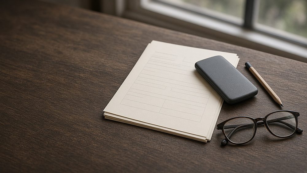 A stack of blank paper forms, a calculator lying face down, a pencil and reading glasses by a window