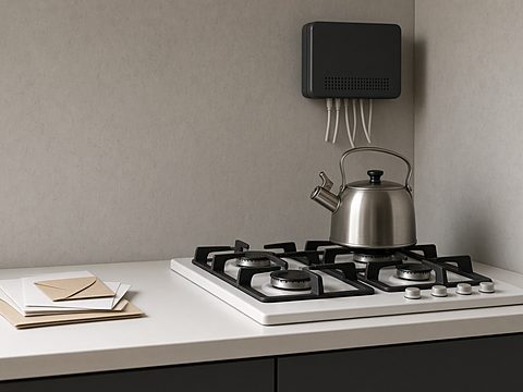 A small kitchen corner with a gas cooktop, a kettle, a wall-mounted router and a few envelopes