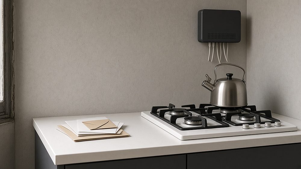 A small kitchen corner with a gas cooktop, a kettle, a wall-mounted router and a few envelopes