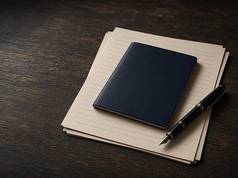 A closed navy passport with a blank cover on lined paper forms beside a fountain pen