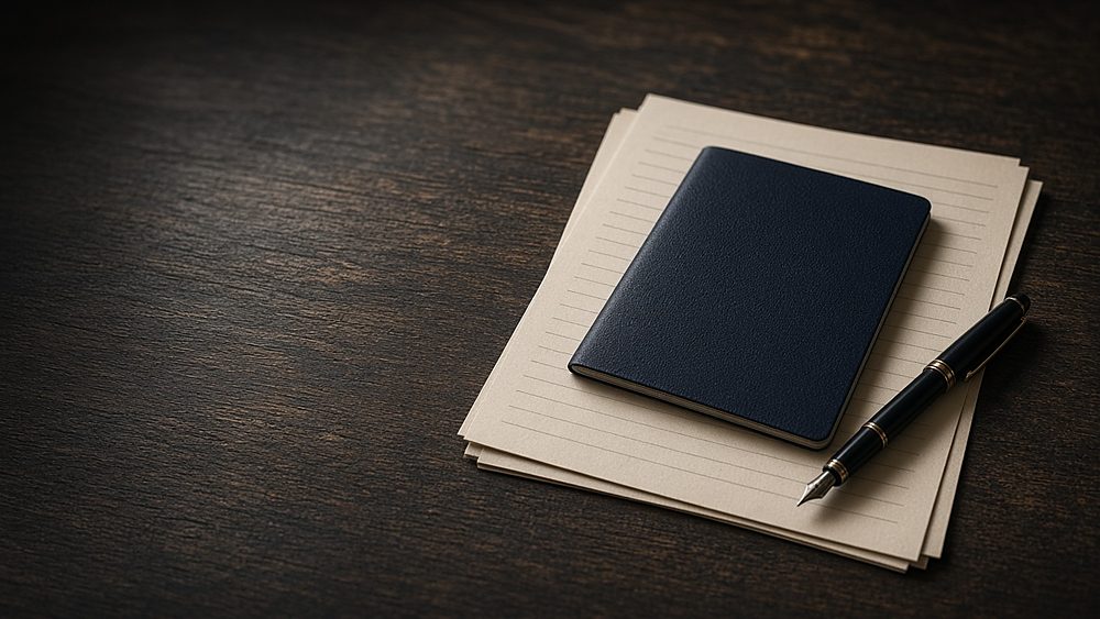 A closed navy passport with a blank cover on lined paper forms beside a fountain pen