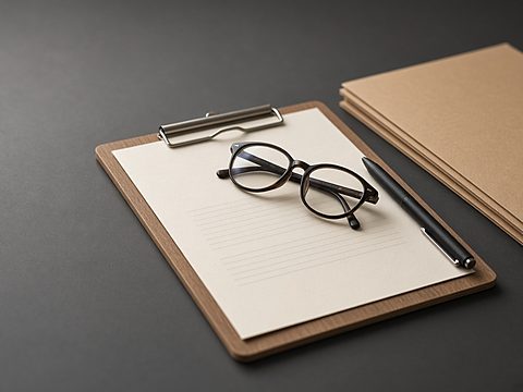 A clipboard with a blank form, reading glasses and a pen beside a stack of folders
