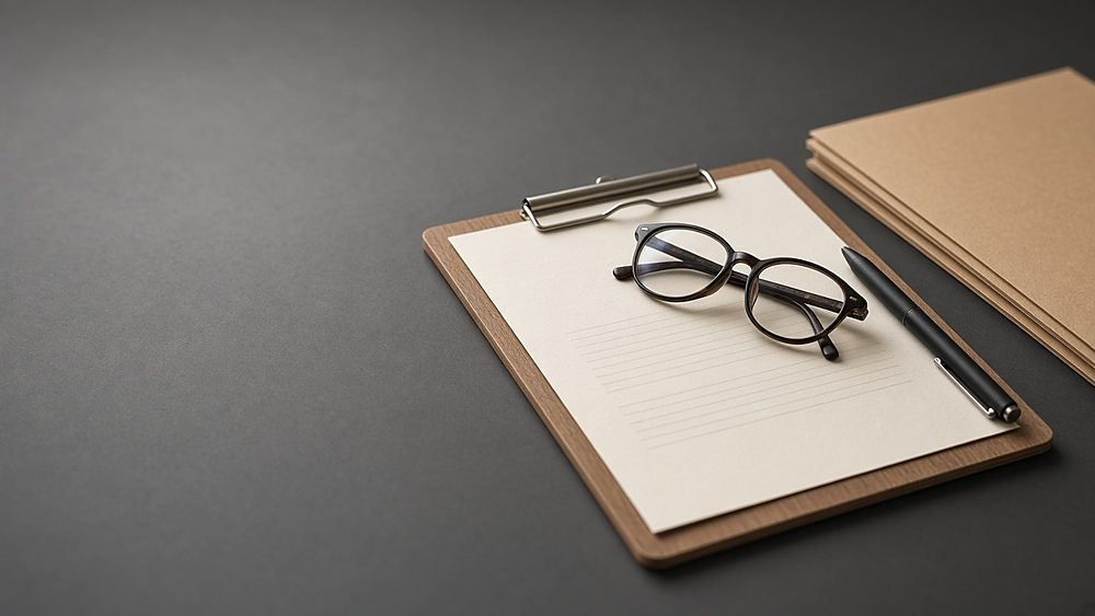 A clipboard with a blank form, reading glasses and a pen beside a stack of folders