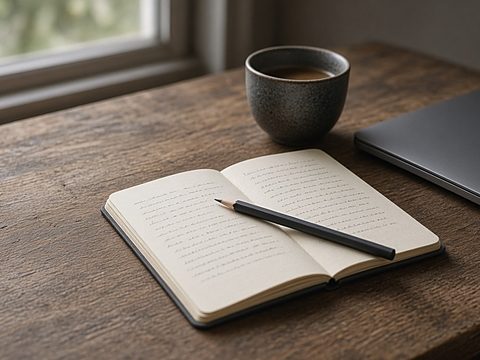 An open notebook of handwritten notes with a pencil, a cup of coffee and a laptop edge on a desk by a window