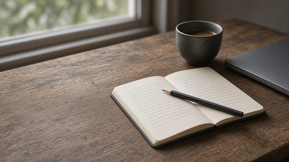 An open notebook of handwritten notes with a pencil, a cup of coffee and a laptop edge on a desk by a window