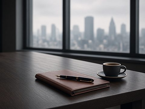 A leather folio with a fountain pen and an espresso cup on a long boardroom table by a window onto a hazy skyline
