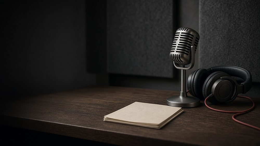 A vintage microphone, studio headphones and a paper notebook on a dark wooden desk