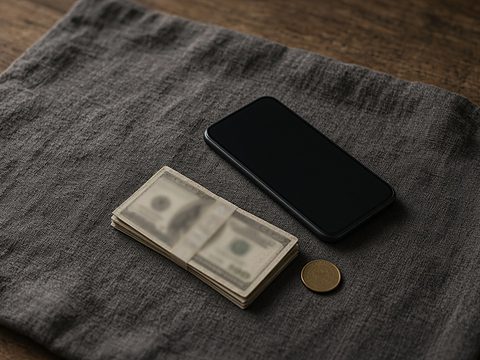 A phone with a dark screen, a stack of banknotes and a coin on a grey linen cloth