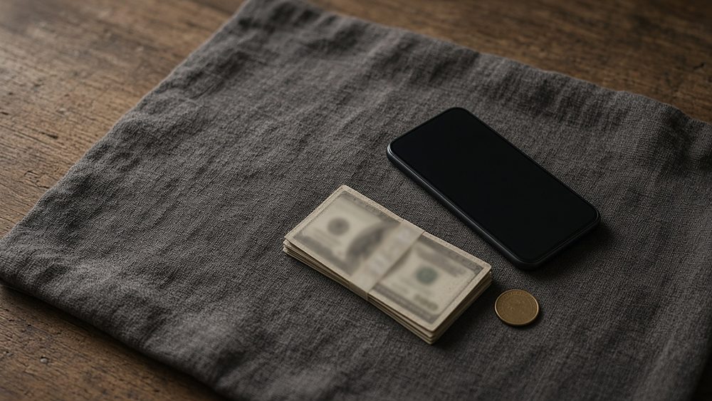 A phone with a dark screen, a stack of banknotes and a coin on a grey linen cloth