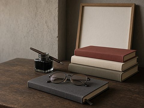A writer's desk with a notebook, reading glasses, an ink bottle with a dip pen, stacked books and a blank framed canvas