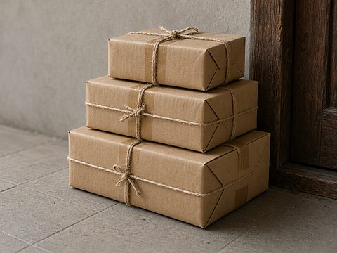 Three parcels wrapped in brown paper and tied with twine, stacked by a wooden door