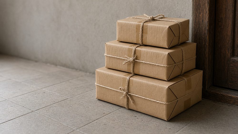 Three parcels wrapped in brown paper and tied with twine, stacked by a wooden door