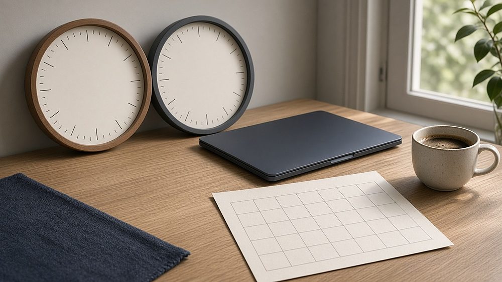 Two round wall clocks with blank faces leaning against a wall on an oak desk, beside a closed laptop, an empty paper calendar grid and a cup of coffee