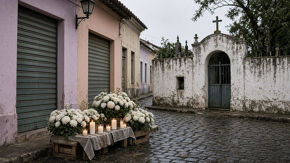 A quiet cobbled street with closed shop shutters, white chrysanthemums and candles near a whitewashed cemetery gate