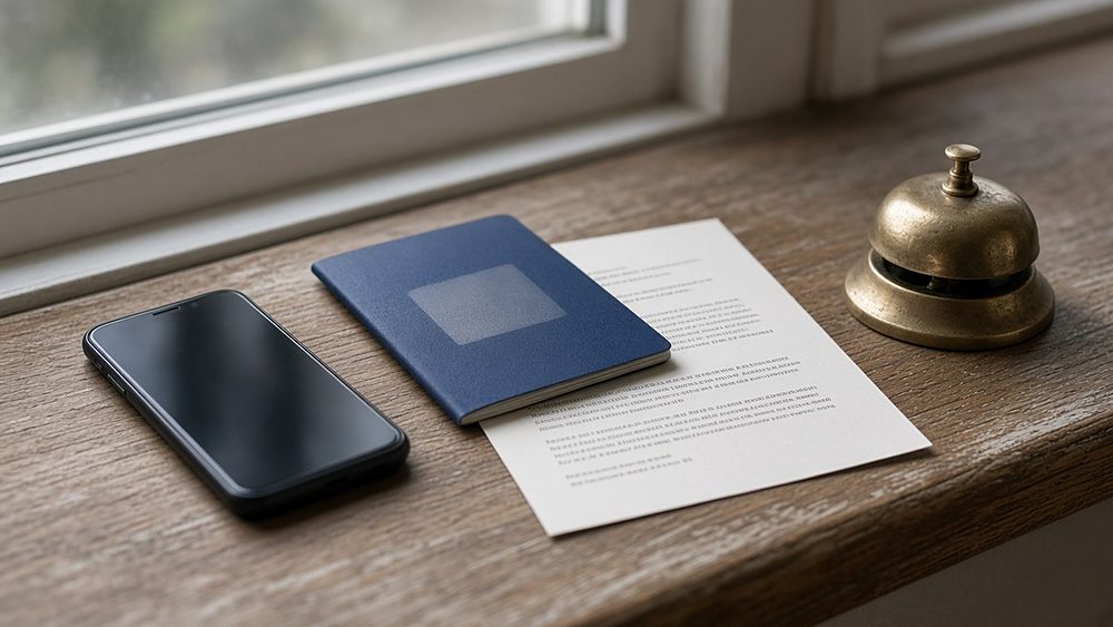 A phone with a dark screen, a navy passport and a printed letter laid on a wooden windowsill beside a small brass desk bell