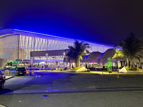 Ezeiza airport terminal lit up at night near Buenos Aires, Argentina