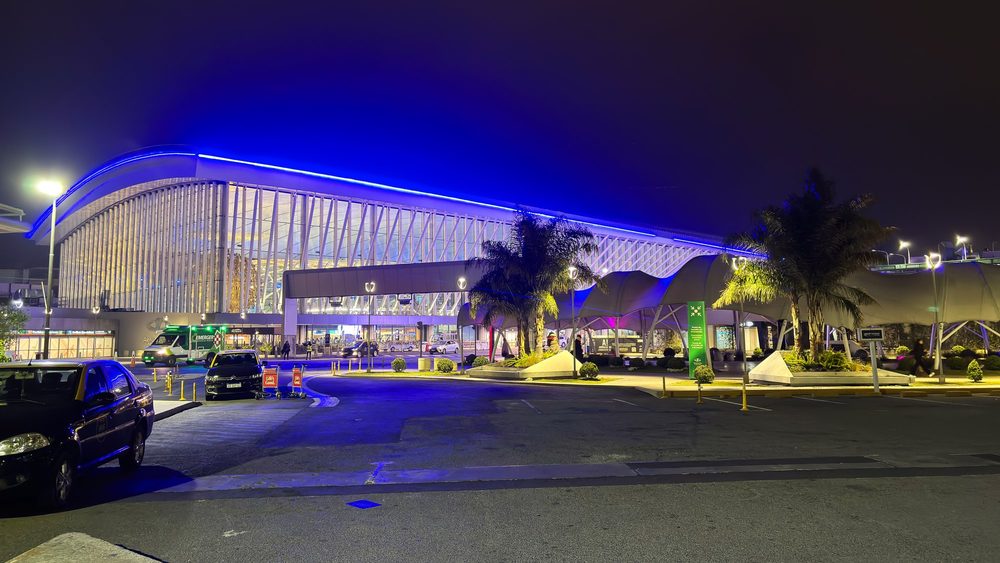 Ezeiza airport terminal lit up at night near Buenos Aires, Argentina