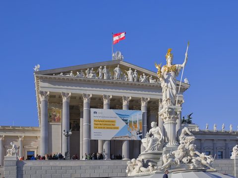 Austrian Parliament Building in Vienna seen from the front left