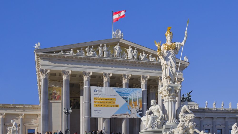 Austrian Parliament Building in Vienna seen from the front left