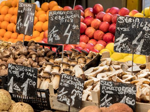 Fruit and mushrooms with price tags at the Naschmarkt in Vienna