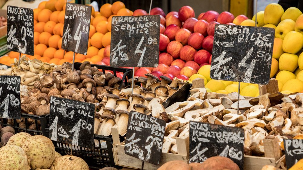Fruit and mushrooms with price tags at the Naschmarkt in Vienna
