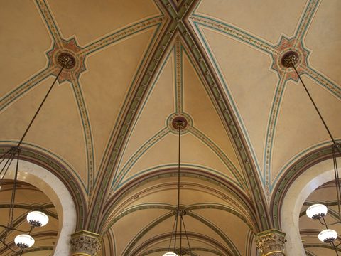 Vaulted ceiling and chandeliers of Cafe Central in Vienna
