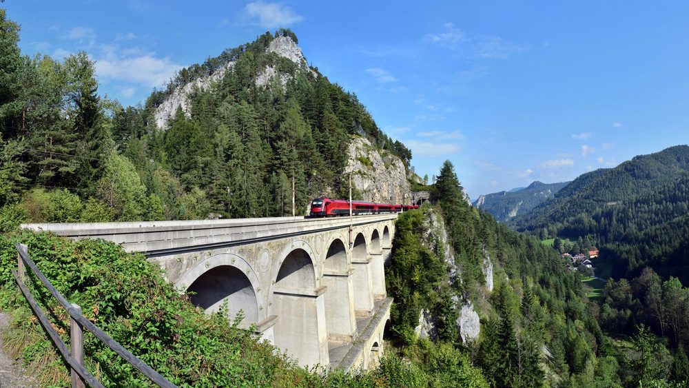 Train crossing the Krausel-Klause viaduct on the Semmering railway