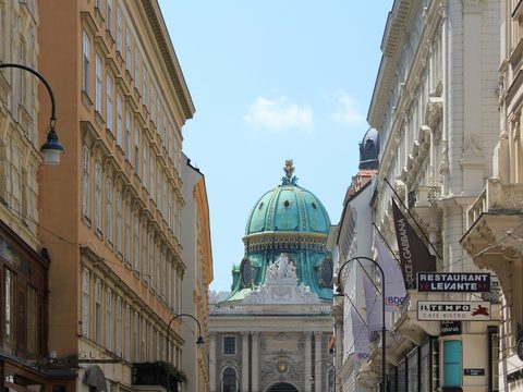 Kohlmarkt shopping street in Vienna leading to the Hofburg dome