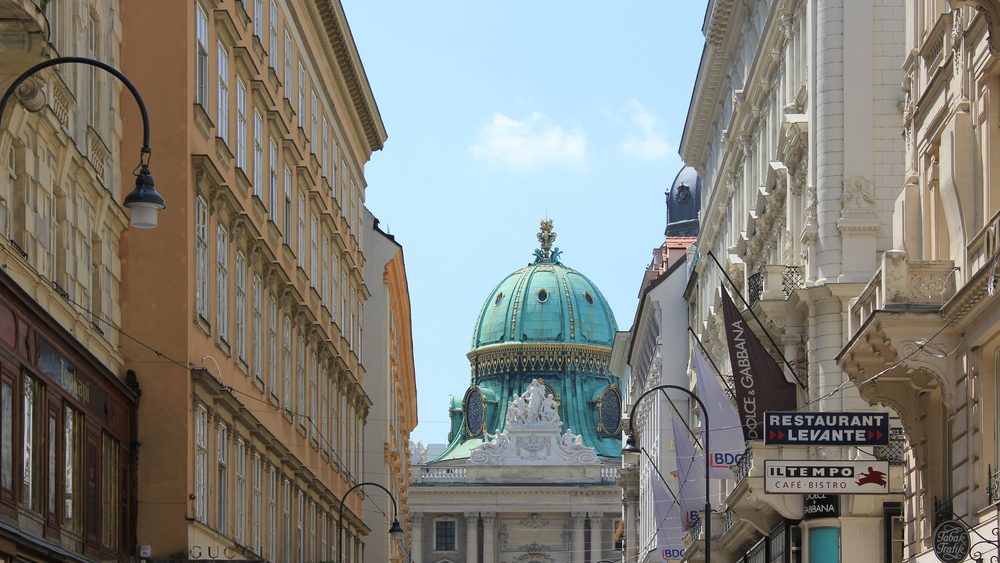 Kohlmarkt shopping street in Vienna leading to the Hofburg dome