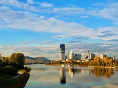 Vienna skyline and Donau City towers across the Danube in autumn