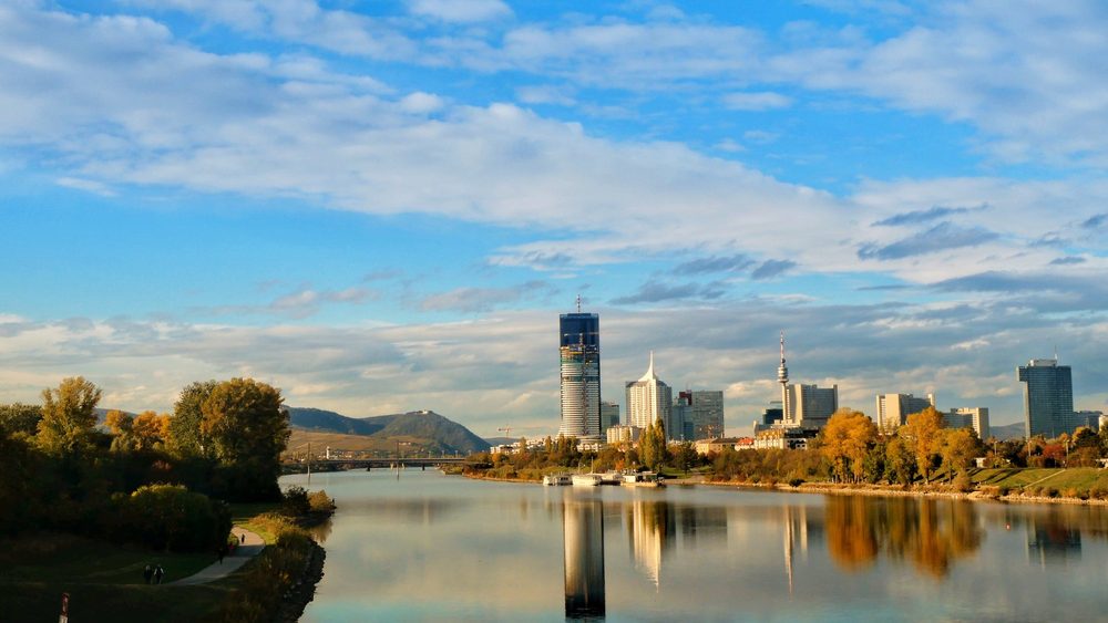 Vienna skyline and Donau City towers across the Danube in autumn
